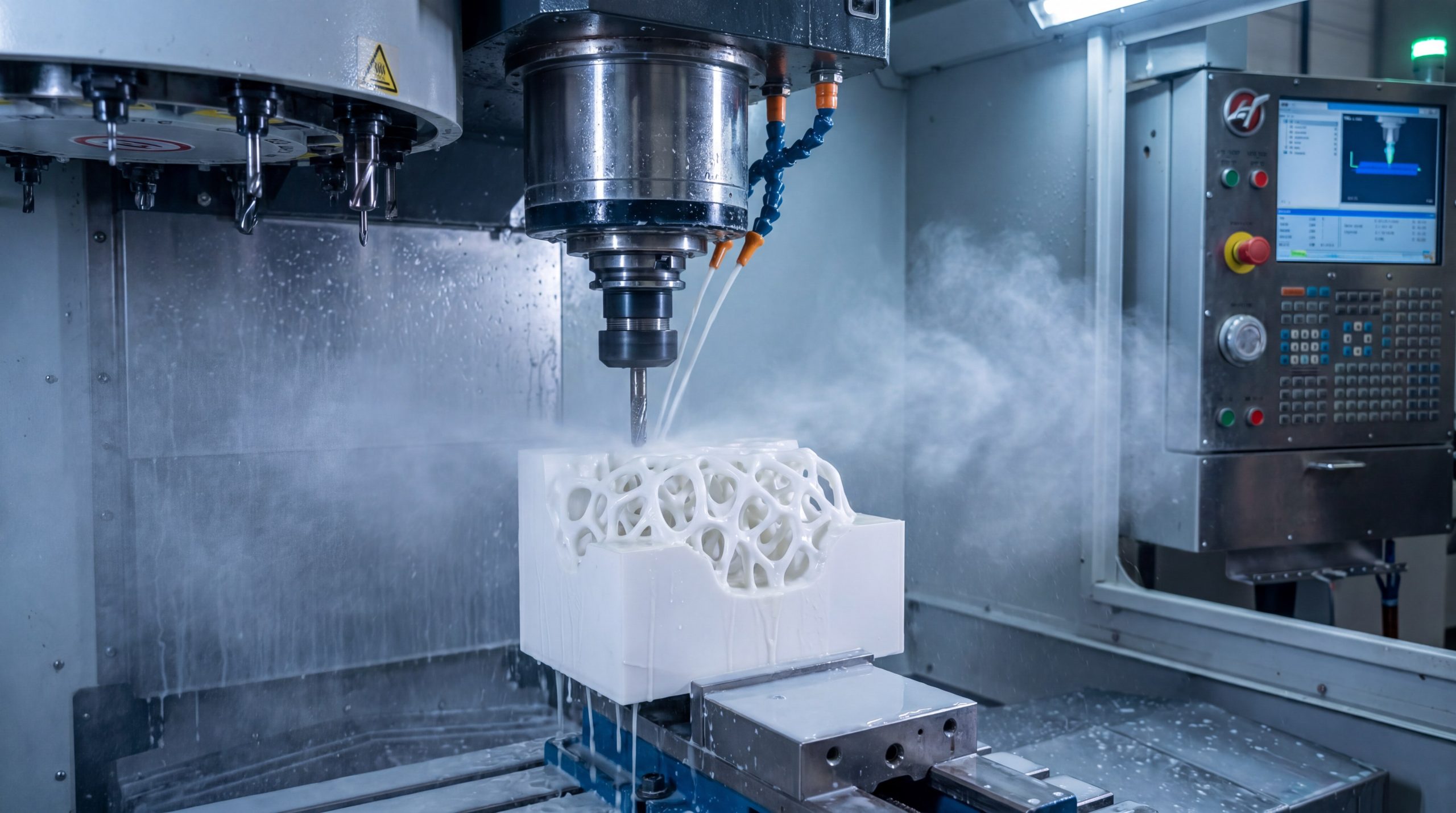Precision CNC milling of a high-density Zirconia Ceramic block, showcasing its ability to be machined into complex, wear-resistant shapes.