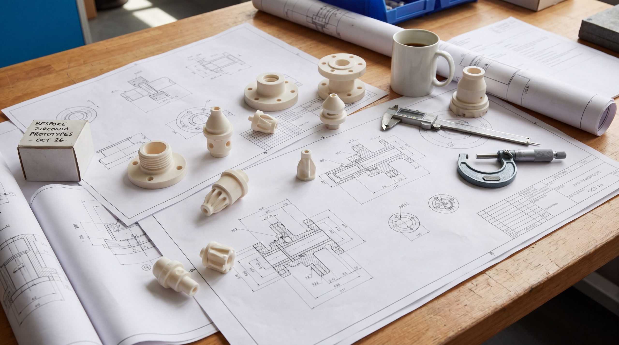 An engineer's desk covered in technical blueprints and various custom-engineered Zirconia Ceramic prototypes and measuring tools.