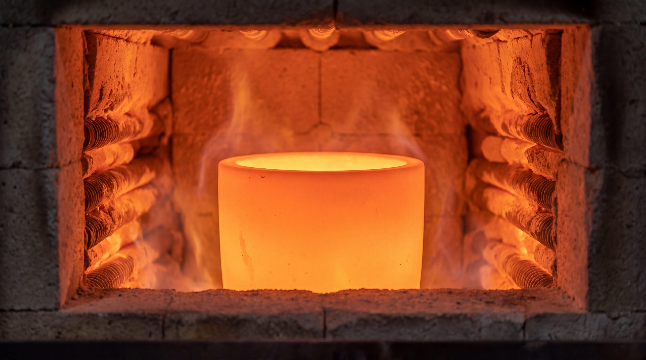 A Zirconia Ceramic crucible glowing bright orange inside an industrial furnace at extreme temperatures.