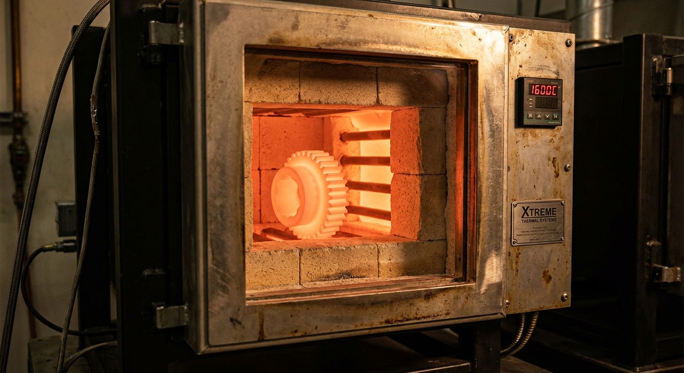 zirconia ceramic component glowing hot inside a furnace
