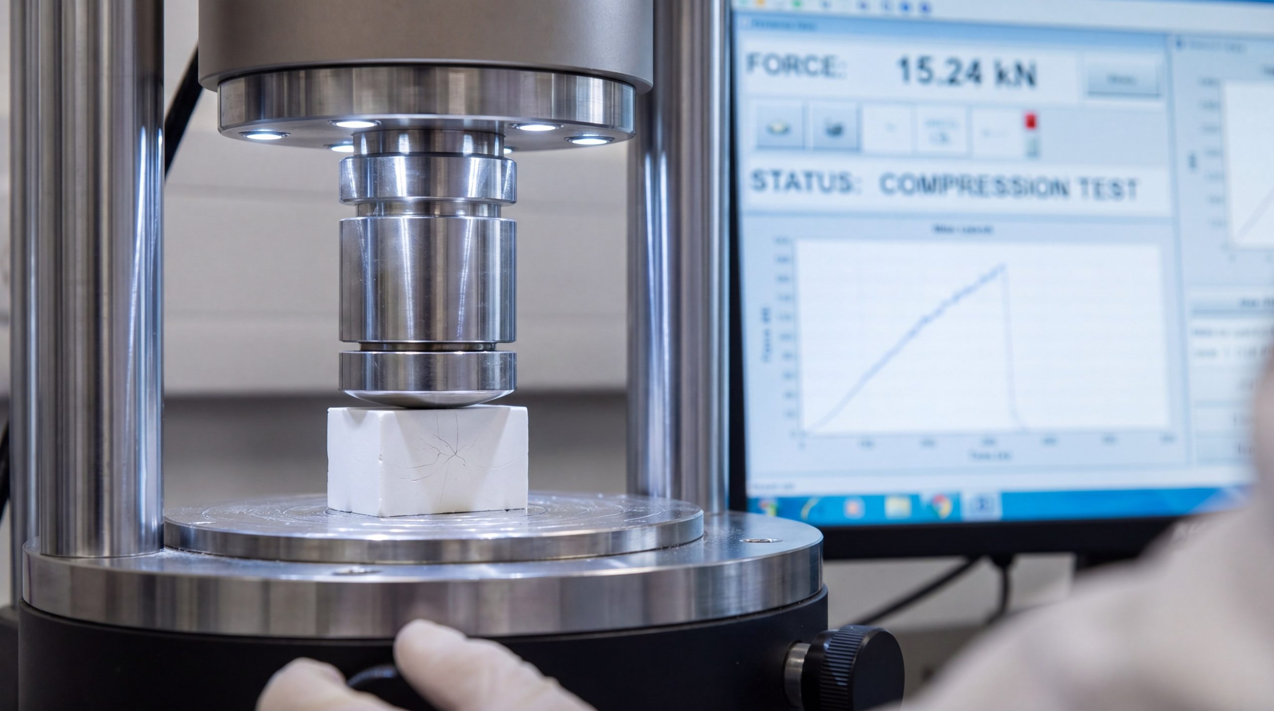 Zirconia ceramic specimen undergoing a compression test on strength testing equipment