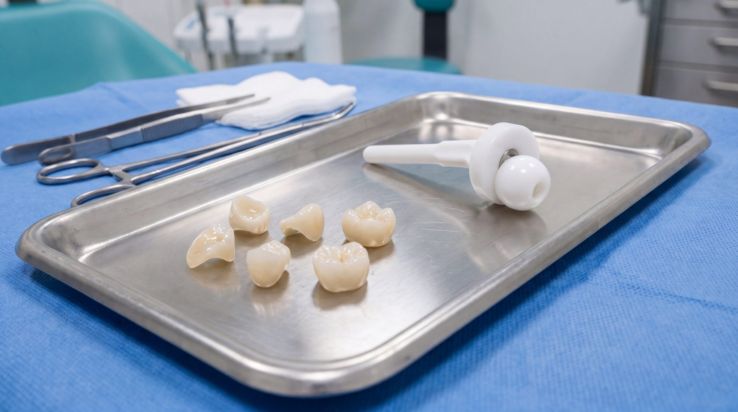 Medical-grade Zirconia dental crowns and a ceramic hip joint implant resting on a sterile surgical tray in a clinical setting.