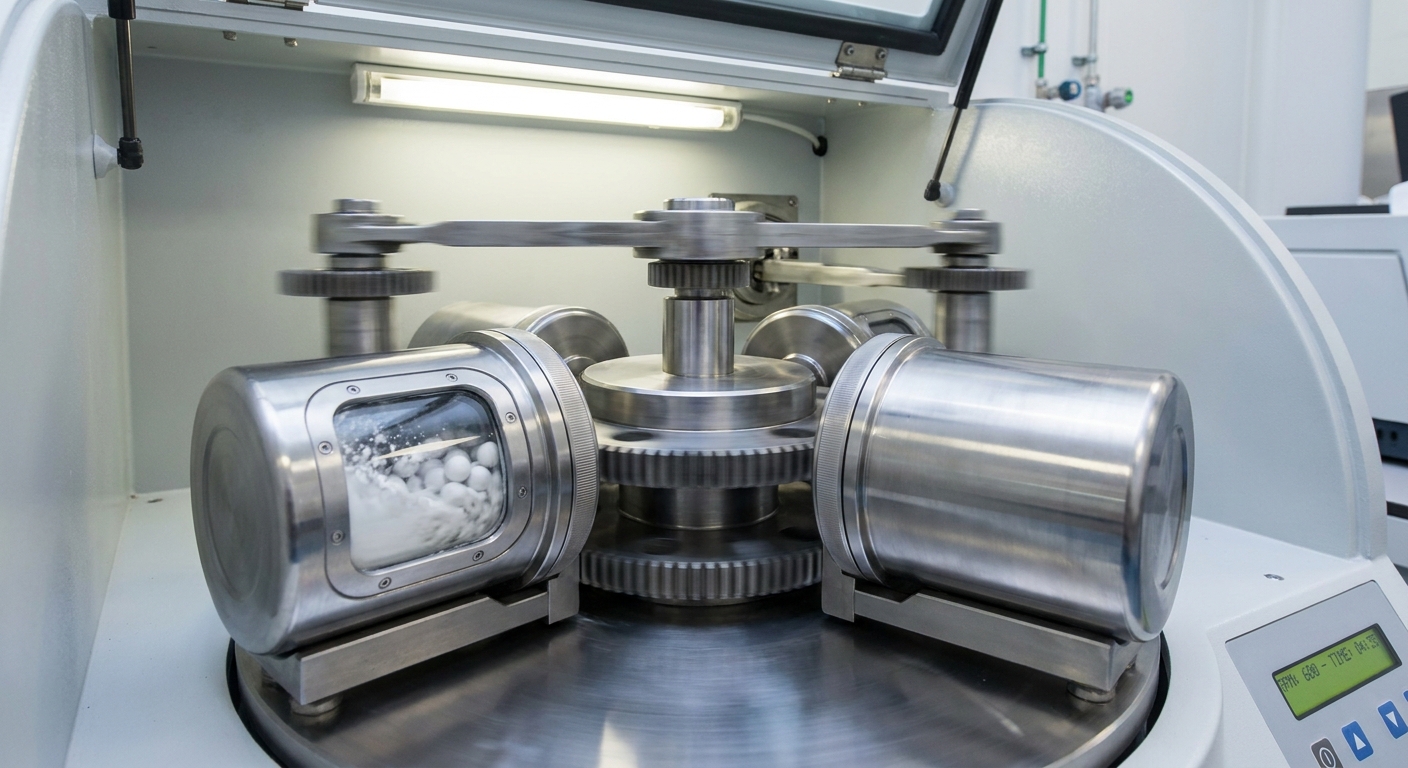 Photorealistic Laboratory Close-up of Planetary Ball Mill in Action