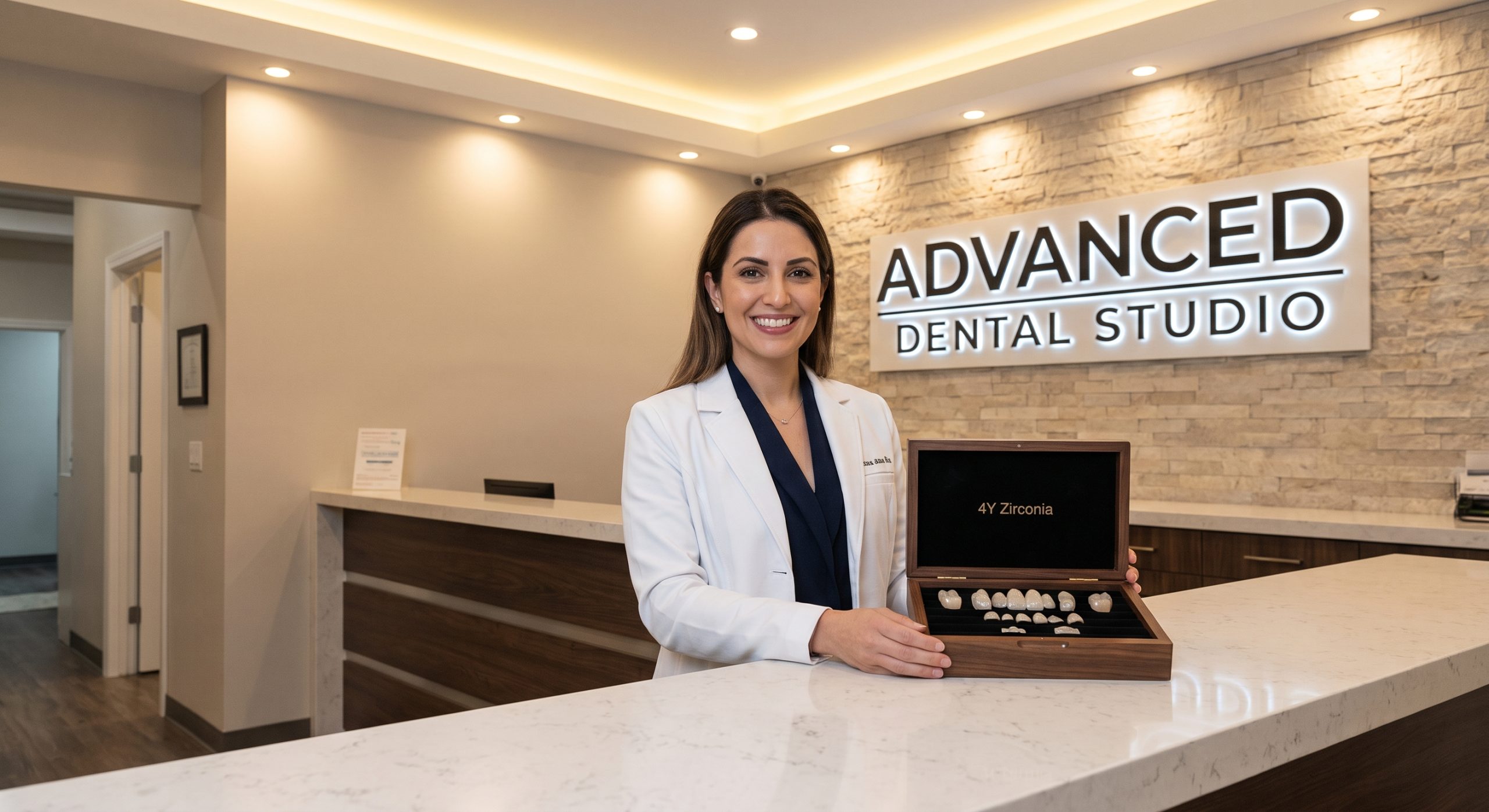 Dental practice receptionist presenting restoration box