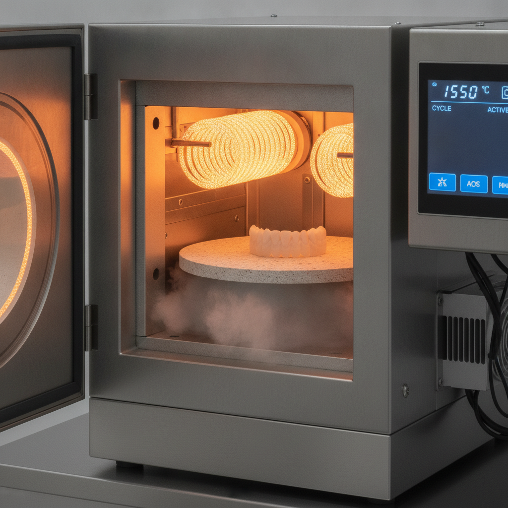 Advanced dental sintering furnace with glowing elements heating a zirconia dental bridge restoration