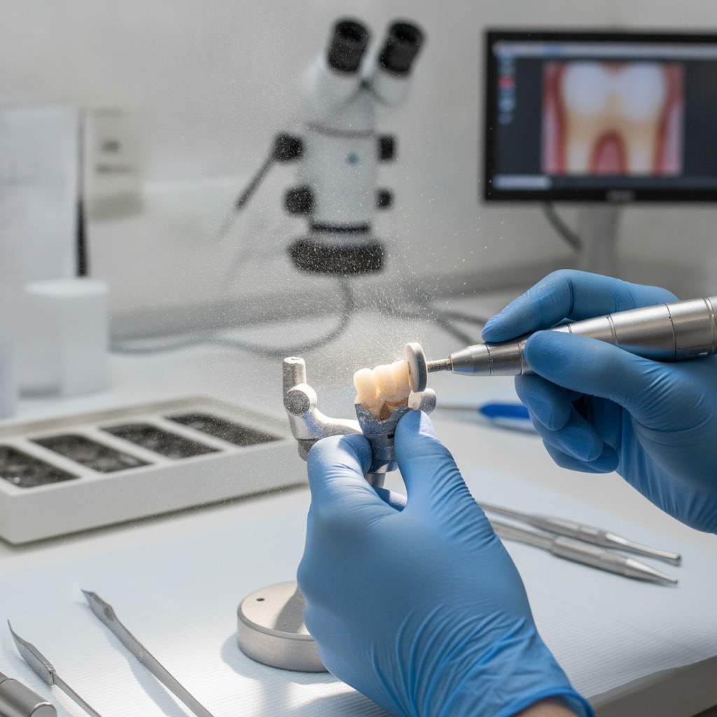 Dental technician using a water cooled high speed handpiece to adjust the margins of a zirconia restoration