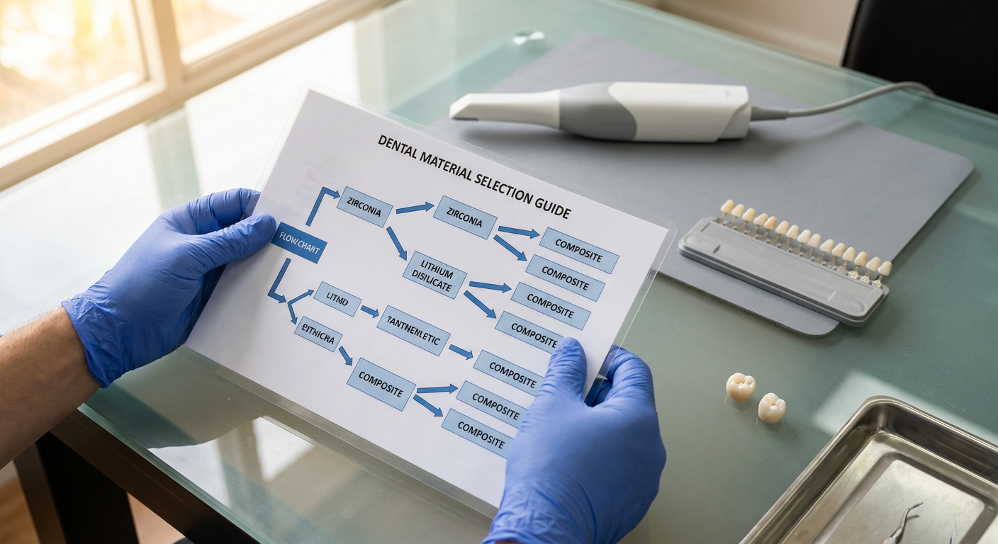Dental workspace flatlay material selection flow chart