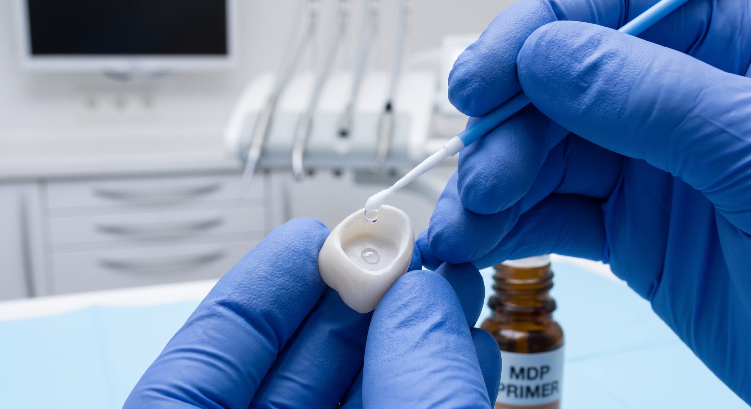 Clinical dental professional applying a drop of specialized MDP monomer primer to the internal surface of a zirconia crown