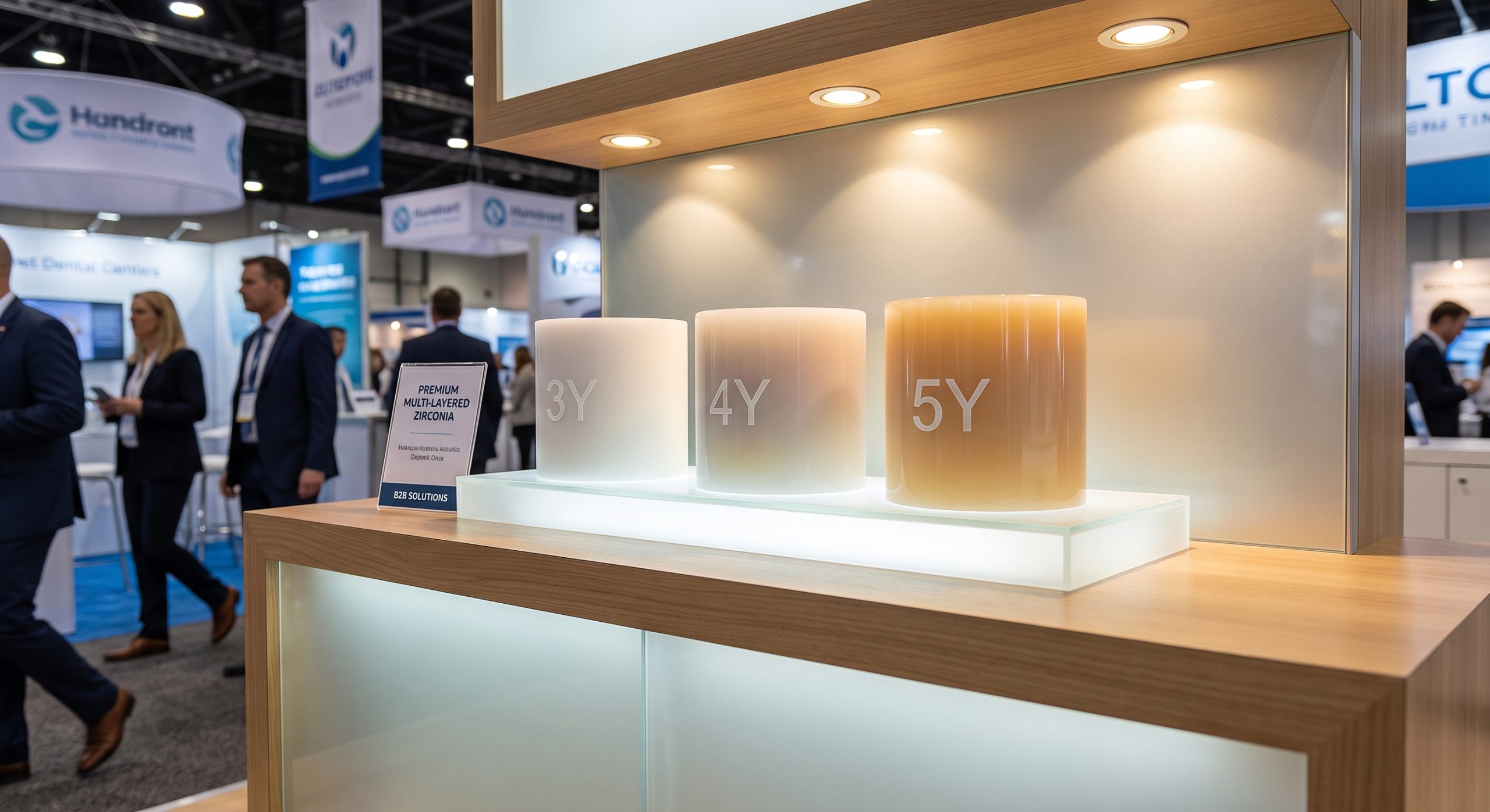 Premium dental zirconia restoration blocks showcased in an exhibition display for B2B buyers