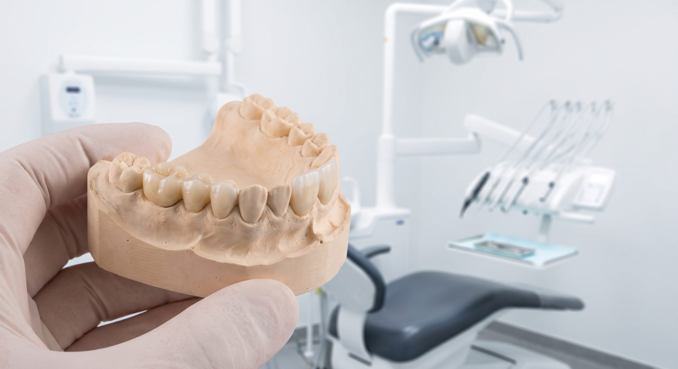 Dental practitioner holding a plaster dental model with polished zirconia restorations in a dental clinic setting