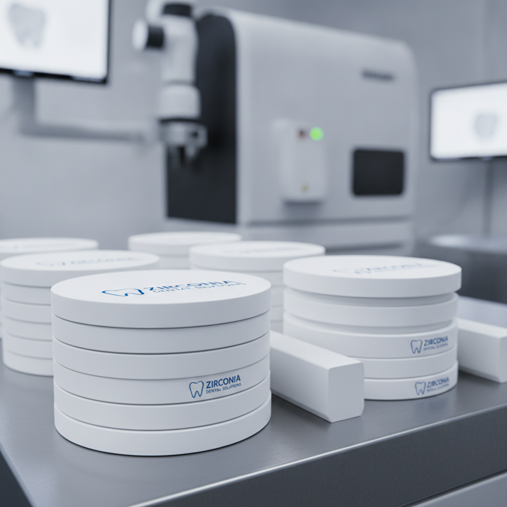 High-performance dental zirconia restoration discs stacked in an automated CAD/CAM laboratory milling environment