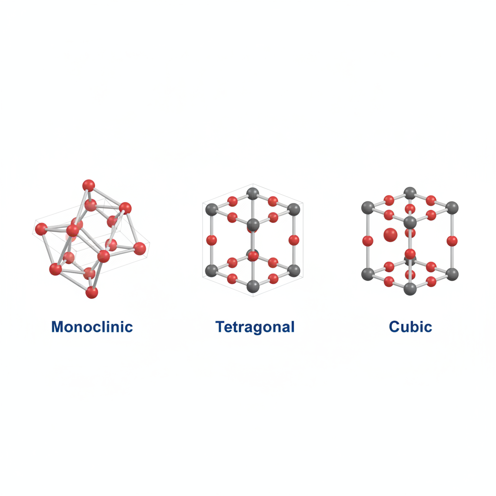 The three distinct crystal lattice structures of zirconia showing Monoclinic, Tetragonal, and Cubic phases