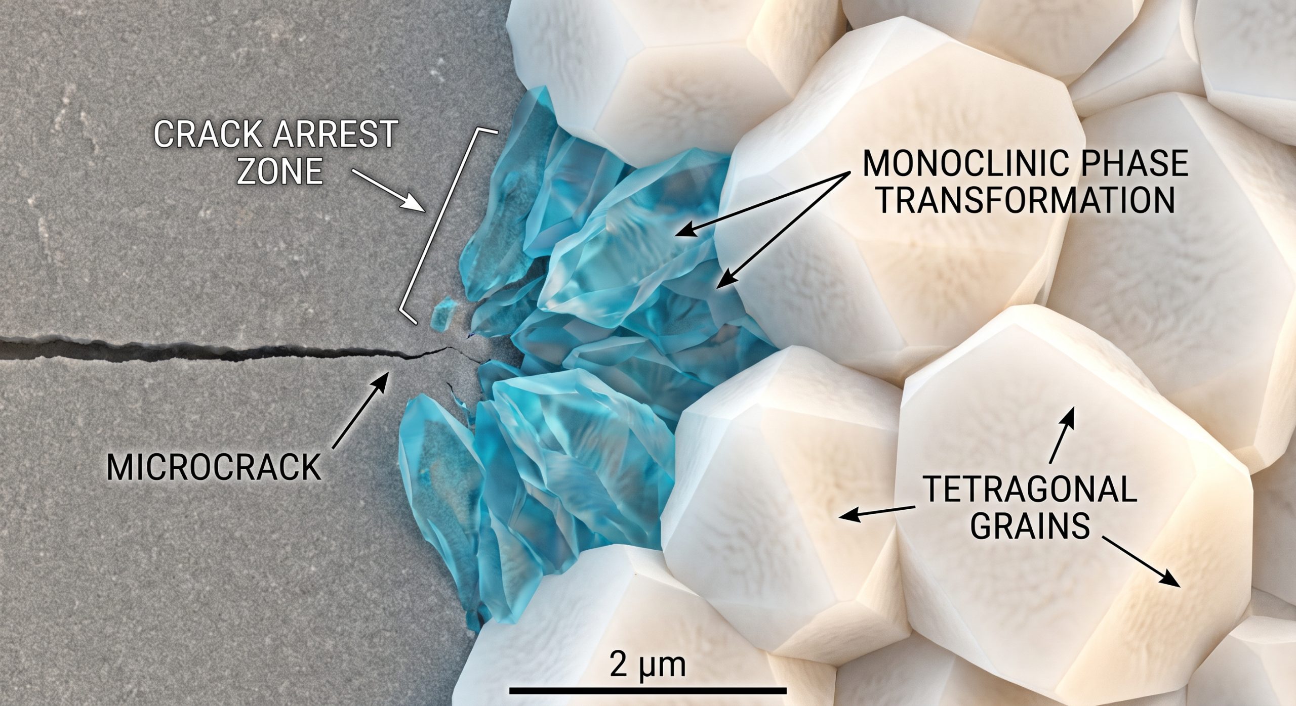 Scanning electron microscopic visualization of transformation toughening at a microcrack arrest zone