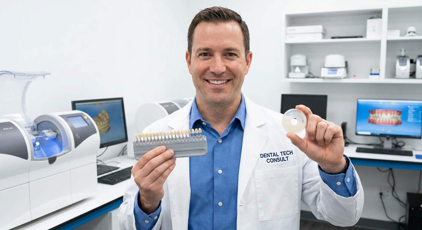 B2B Dental Technical Consultant Portrait with Shade Guide and Zirconia Samples