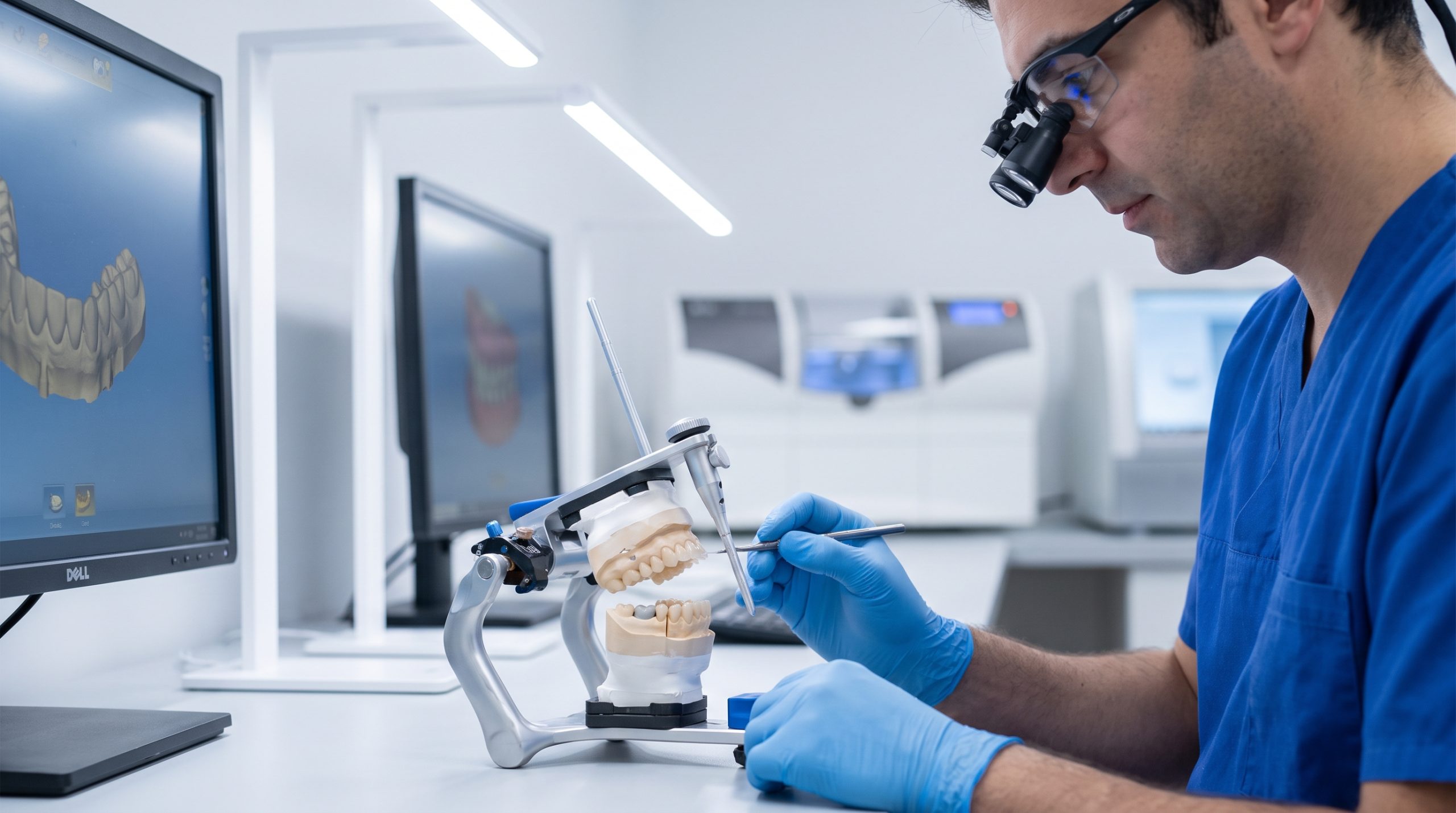 Dental technician inspecting a zirconia restoration