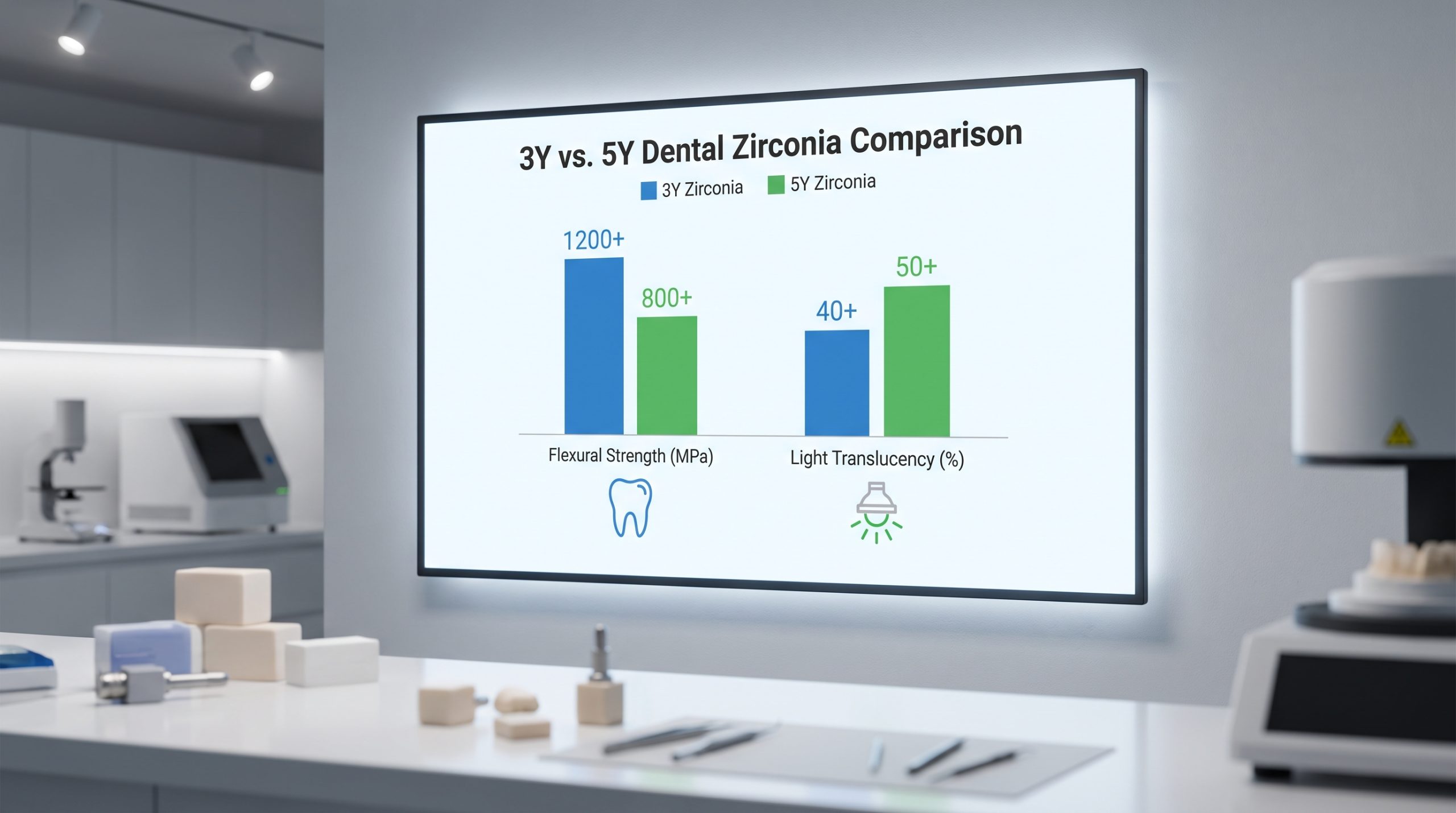 Comparison infographic of 3Y and 5Y dental zirconia