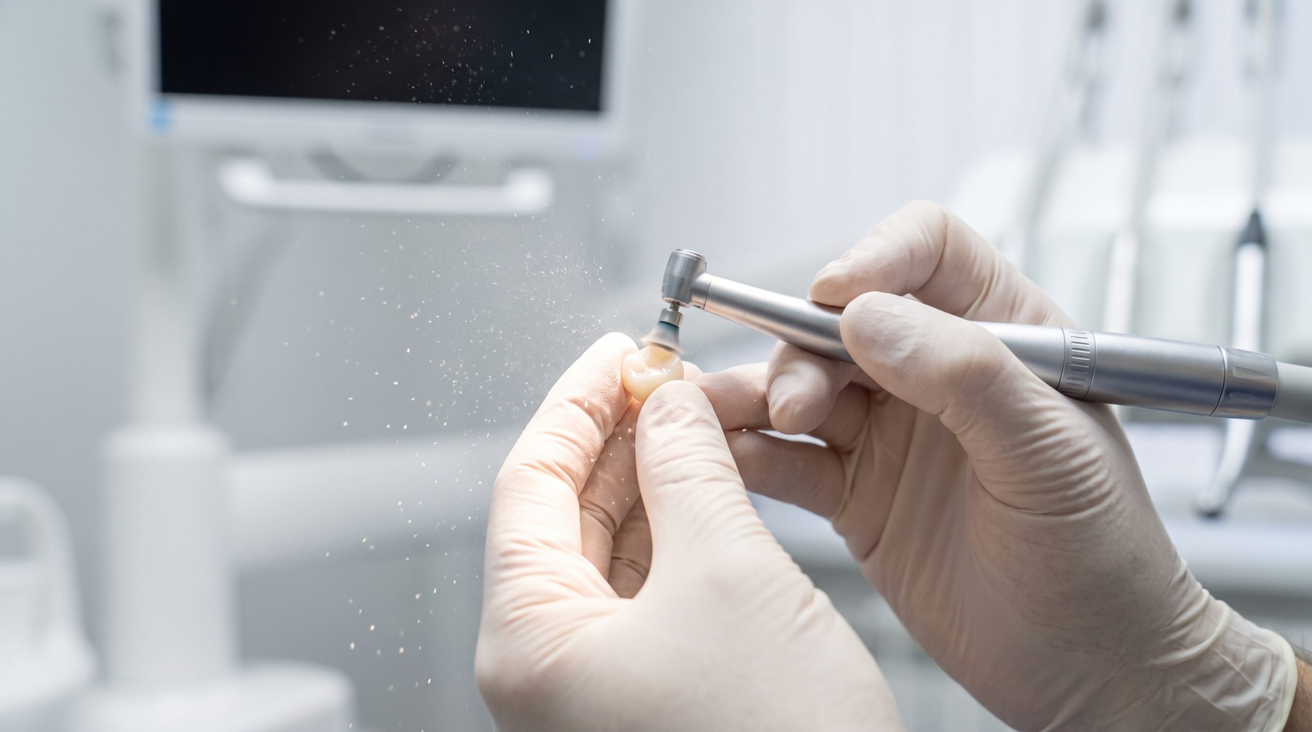 Dentist polishing a completed zirconia crown