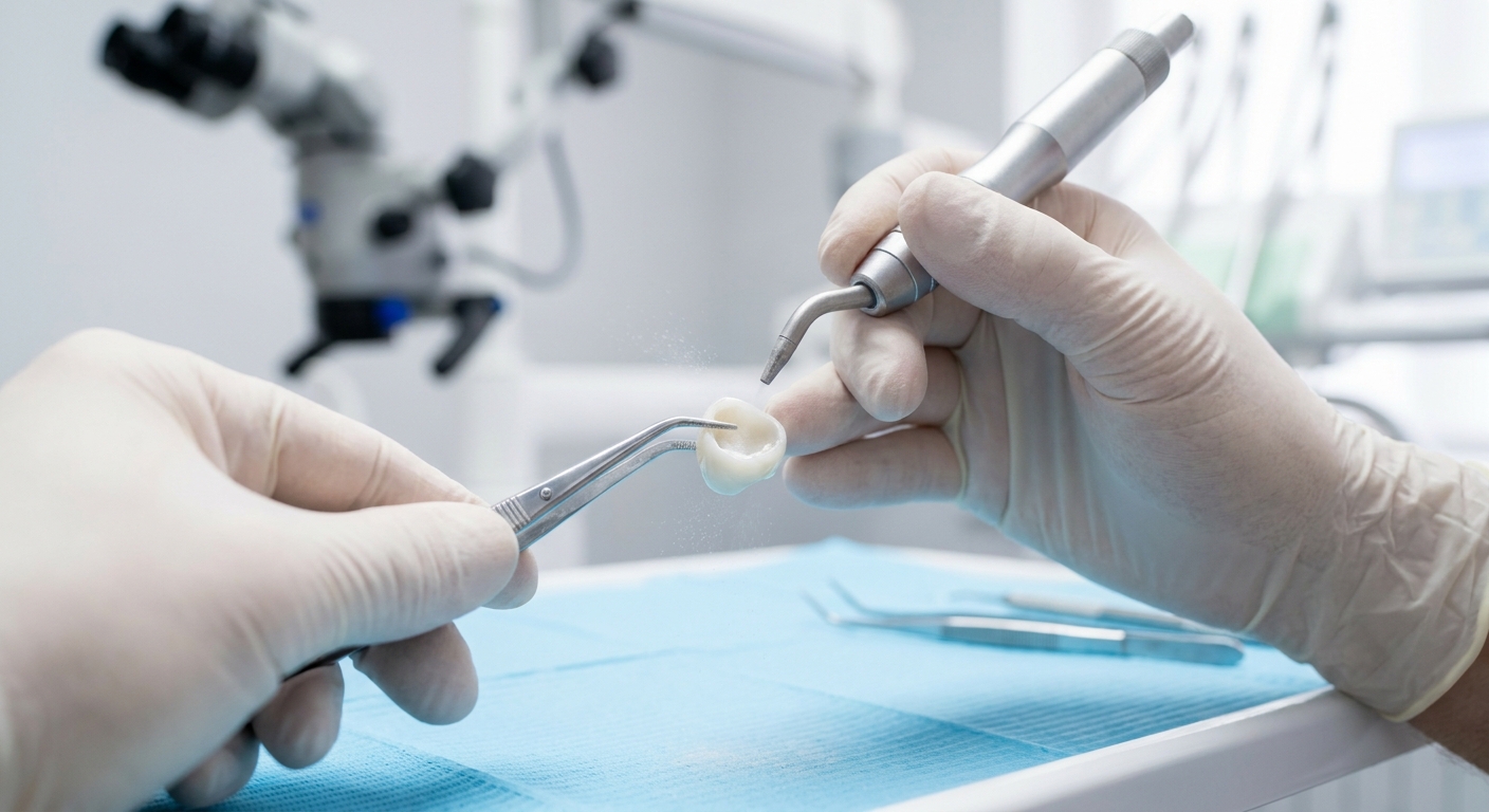 Dental Professional Performing Zirconia Crown Sandblasting