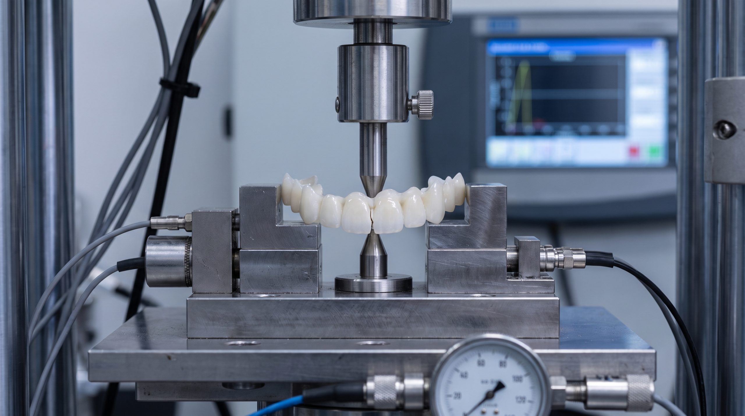 Zirconia dental bridge undergoing mechanical load testing