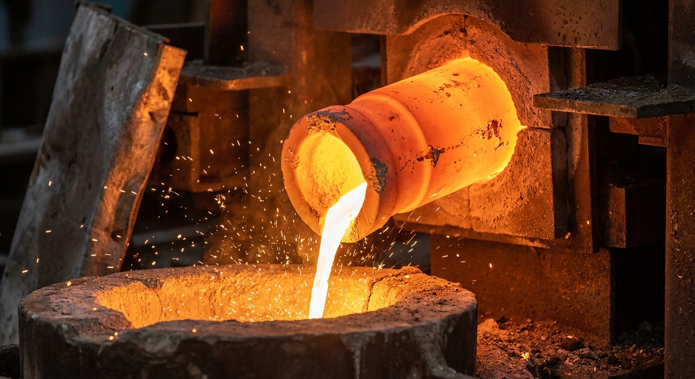 Molten metal pouring from a calcia stabilized zirconia refractory nozzle under intense heat