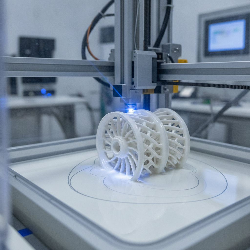 An industrial 3D ceramic printer curing a complex yttria stabilized zirconia turbine component with a blue laser