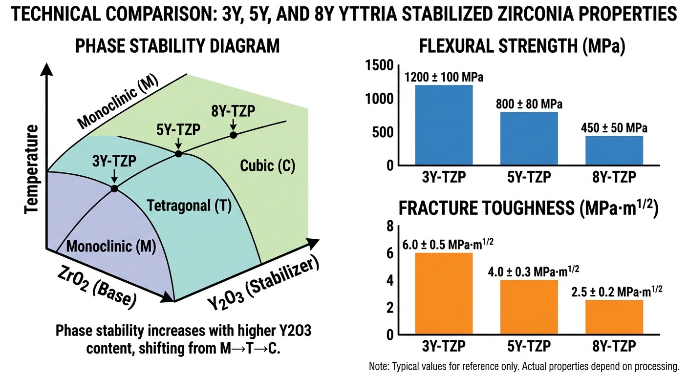 Technical Comparison: 3Y, 5Y, and 8Y Yttria Stabilized Zirconia Properties