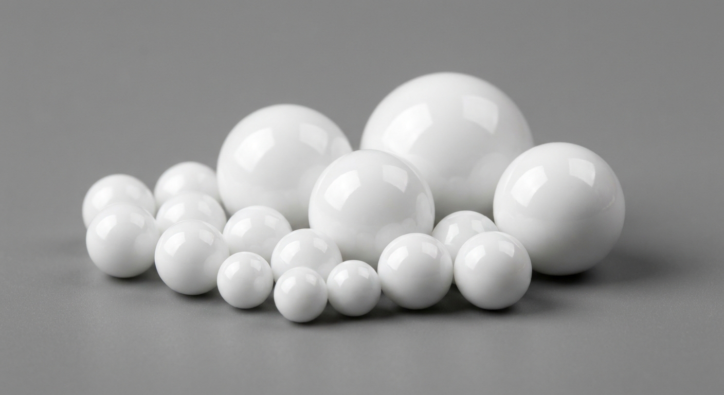 Ultra-high purity zirconia grinding beads of different sizes showing a polished white surface