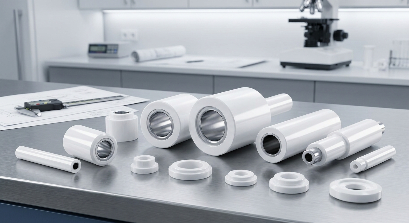 A catalog of yttria stabilized zirconia industrial components showing various white high-wear ceramic sleeves and nozzles